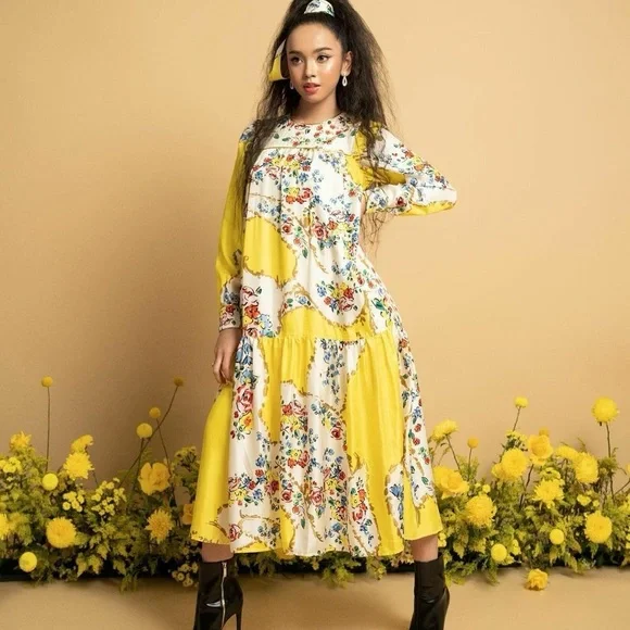 TORY BURCH Silk Quilted Yoke Yellow Floral Silk Midi Dress Size 4 - Picture 4 of 16